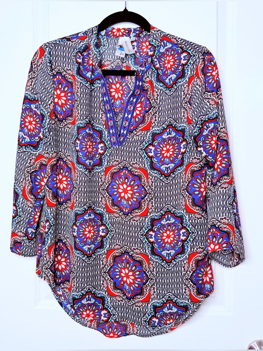 Society Girl Women’s M Boho Medallion Tunic Top Blue Red High Low 3/4 Sleeve